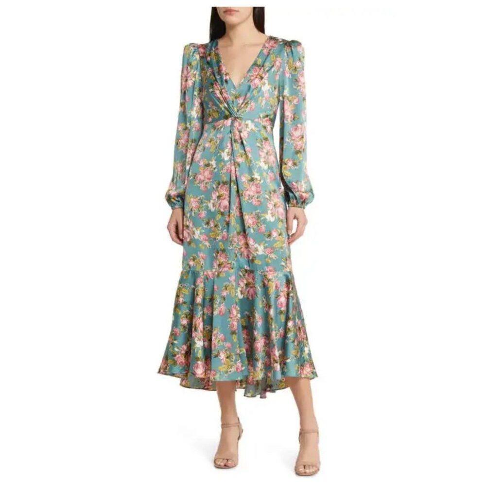 ASTR The Label Floral Satin Long Sleeve Midi Dress sz M